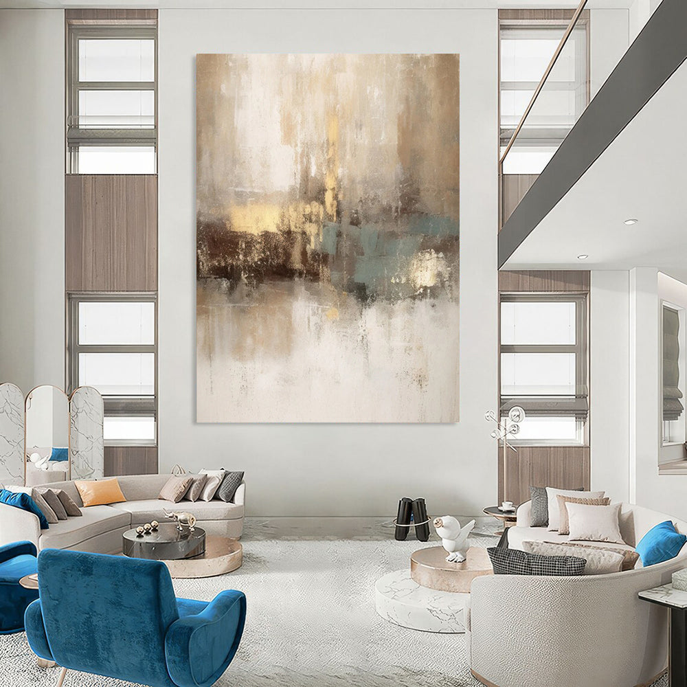 “Beige - Gold - Teal Abstract” - Abstract Expressionist Painting On Canvas DTP068