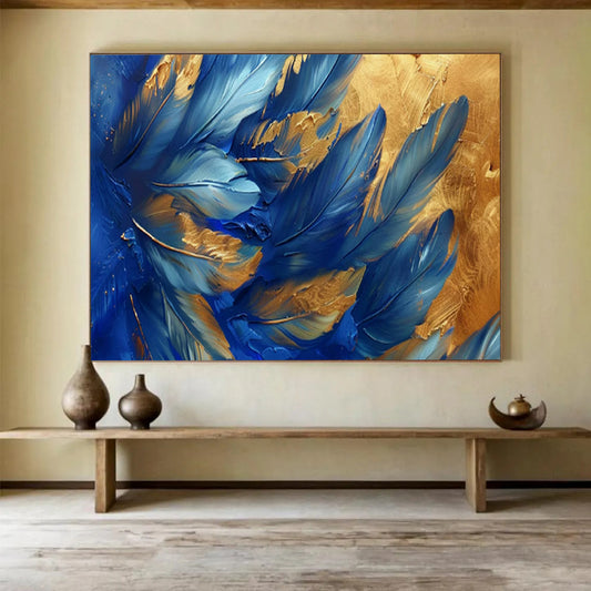 “Blue Feathers with Gold Accents” – Nature - Inspired Acrylic Painting CT1708