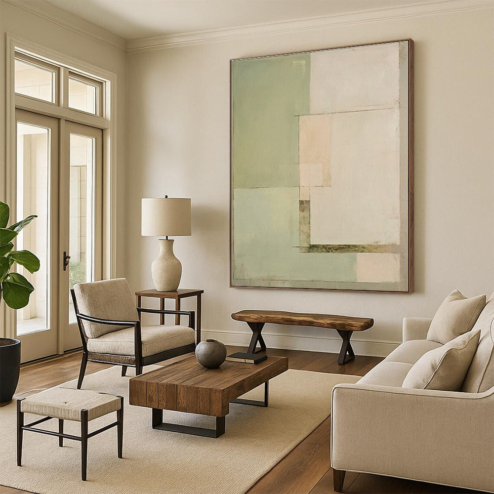 “Soft Green - Beige Minimalist Blocks” - Abstract Subtle Painting CT0398