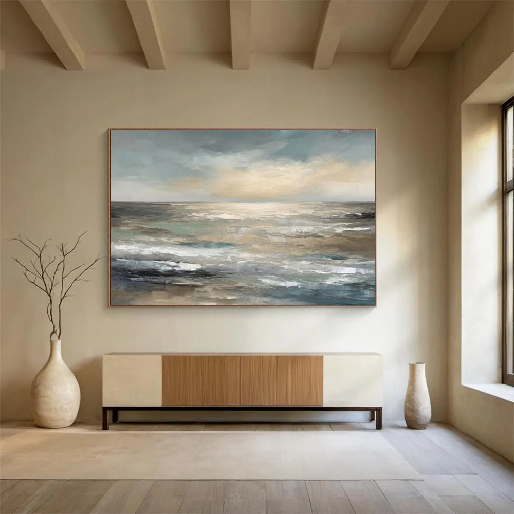 “Muted Ocean Horizon” - Tones of gray, blue, beige; a soft, abstract ocean horizon with gentle waves CT1548