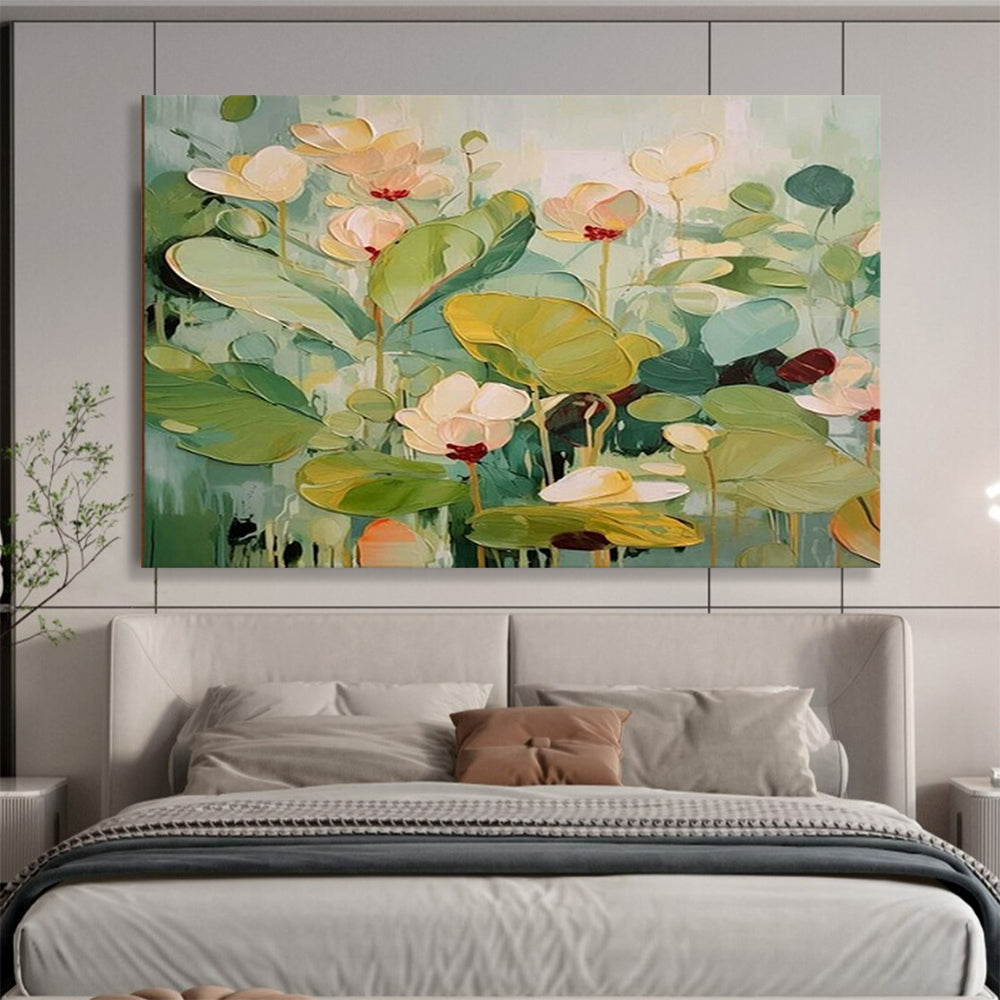 “Lotus Symphony” - Fresh greens, soft pinks, whites; vibrant, layered lotus flowers CT1494