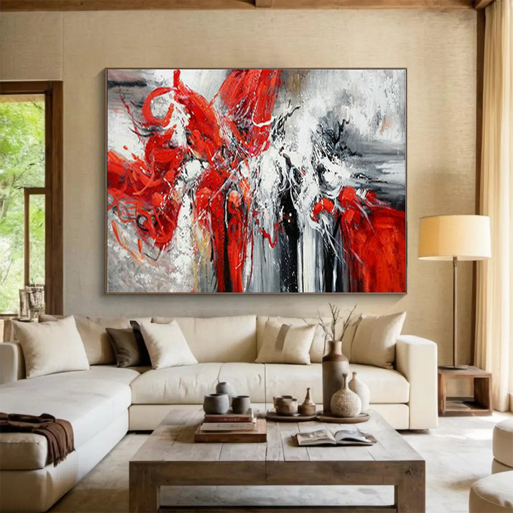 “Scarlet Rhapsody” - Red, white, gray; dynamic, swirling red forms against muted background CT1485