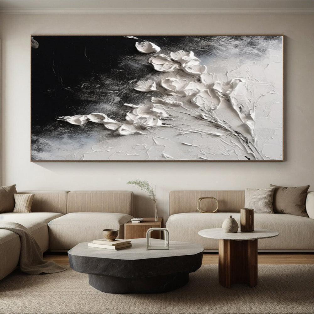 “3D White Flowers on Black”,Abstract Impasto Oil Painting CT0580