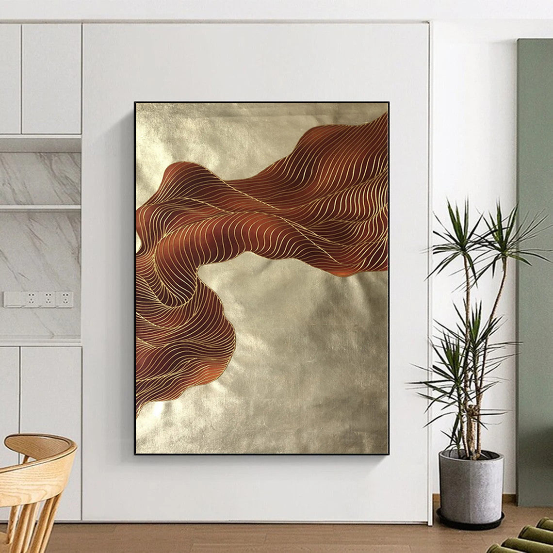 “Brown - Gold Wavy Lines”,Line - Based Abstract Painting CT0347