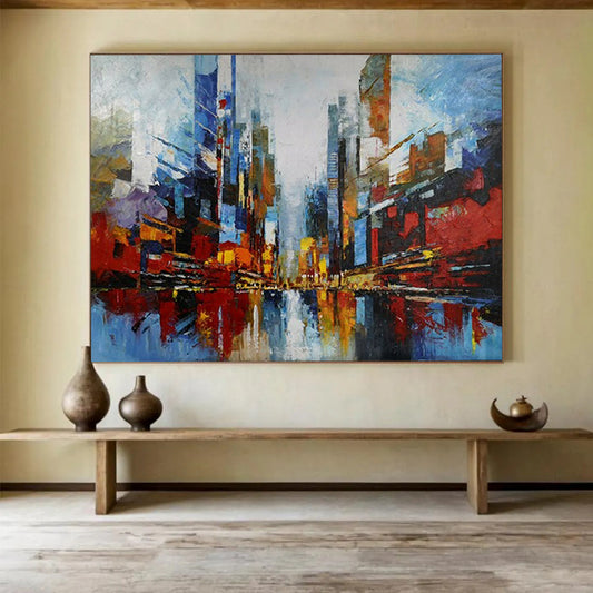 Colorful abstract cityscape with tall buildings and reflections CT1673