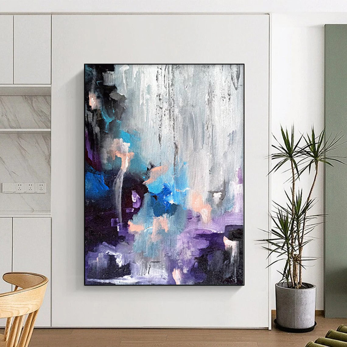 “Colorful Cascade” - Abstract Painting with Blue, Purple, Orange, Gray CT0069