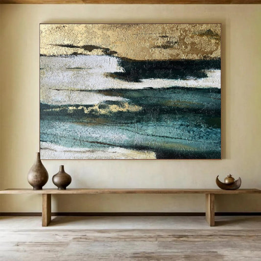 “Gold - Teal Textured Layers” - Teals, golds, whites; layered, textured abstraction with metallic highlights CT1633
