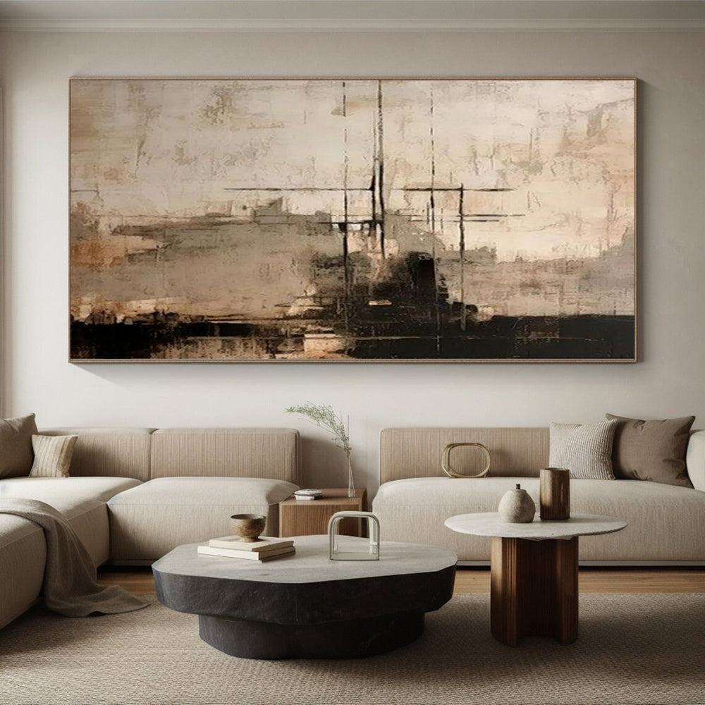 “Beige - Black Grid Textures” Abstract Acrylic Art CT0272