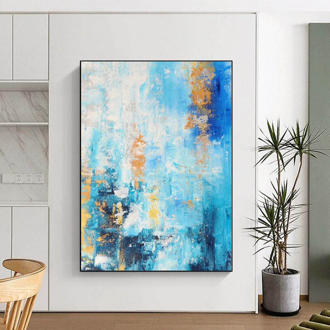 “Azure Gold Streaks” - Abstract Art with Blue, White, Gold Accents CT0015