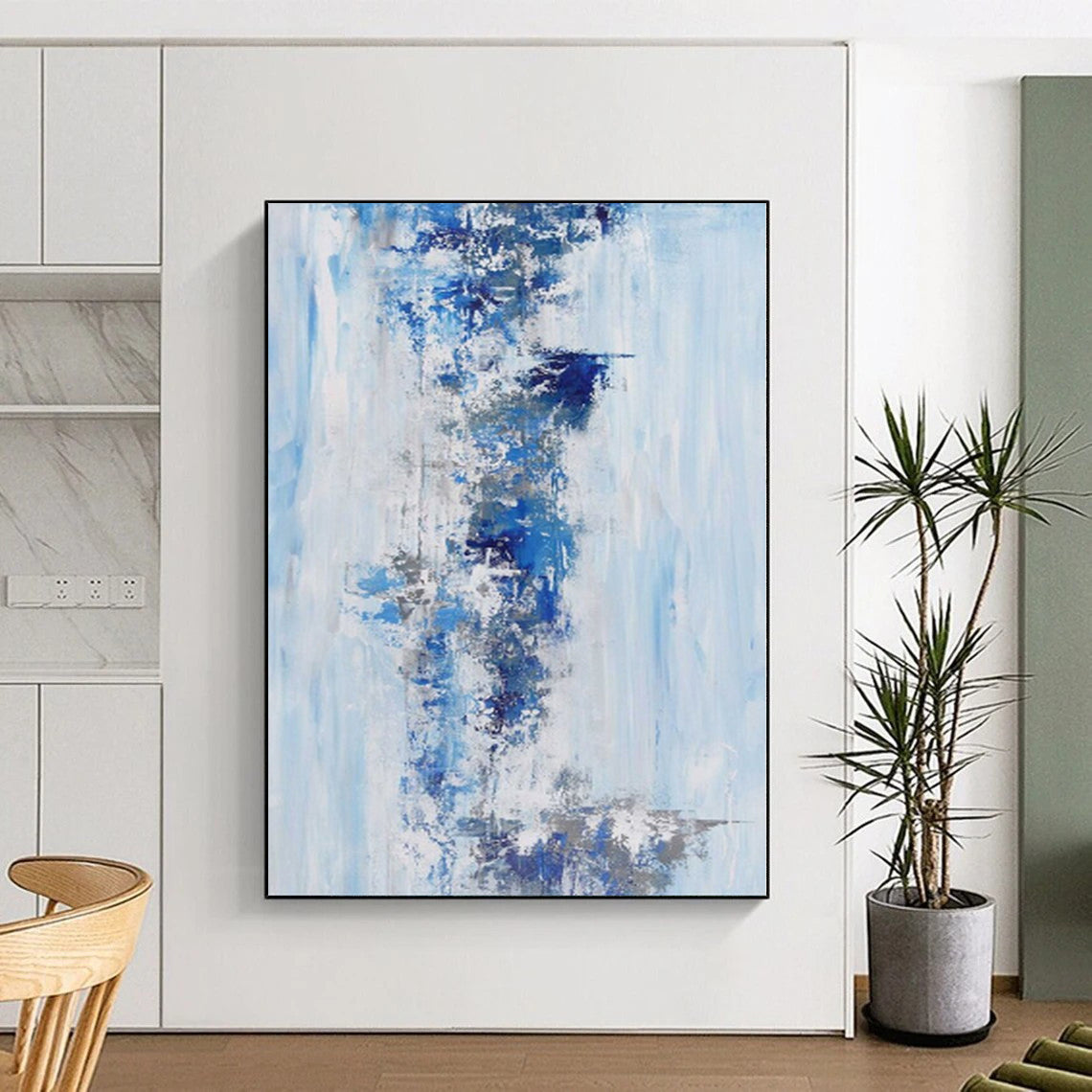 “Blue & Gray Waterfall” - Abstract Painting with Light Blue, Dark Blue, Gray CT0072