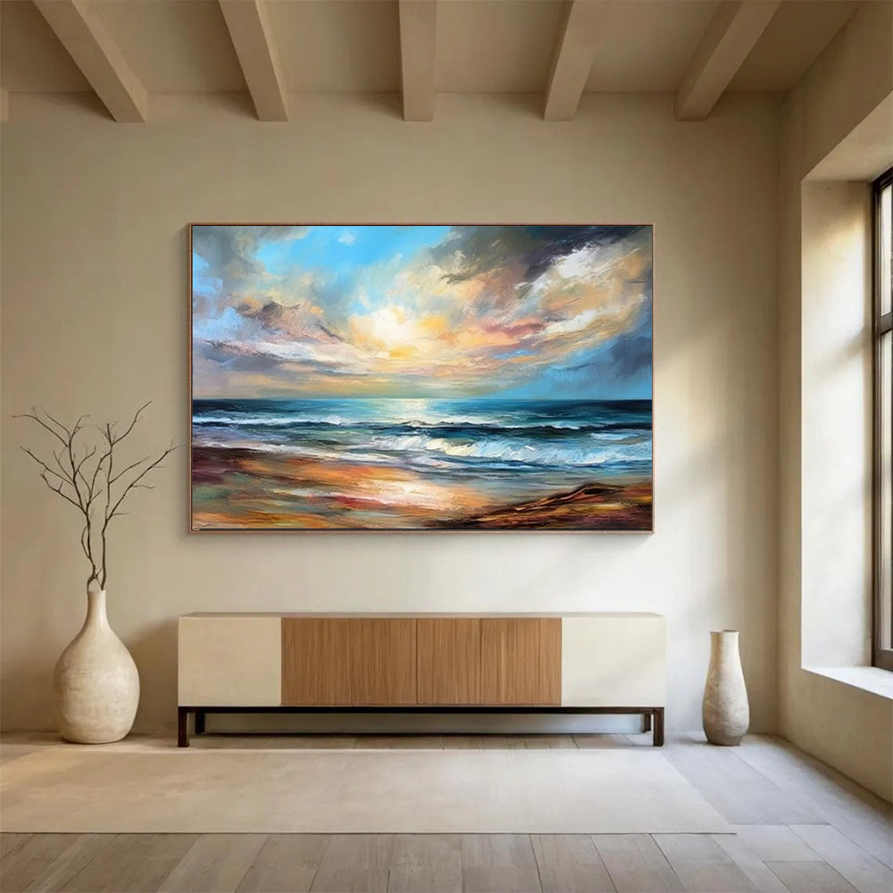 “Realistic Seaside Sunset II” - Blue, orange, yellow, purple; detailed sunset beach scene (twin piece) CT1594