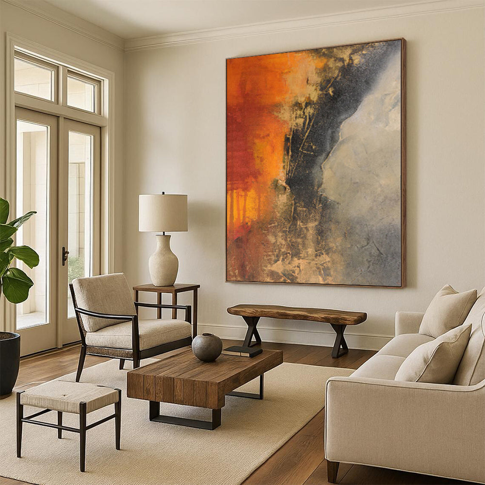 “Fiery Abstraction” - Abstract Painting with Orange, Red, Black, Gray CT0026