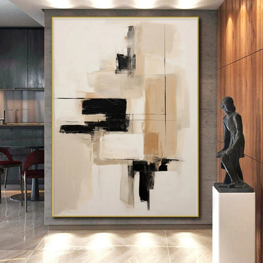“Neutral Tones with Black Accents”,Abstract Minimalist Oil Painting CT0530