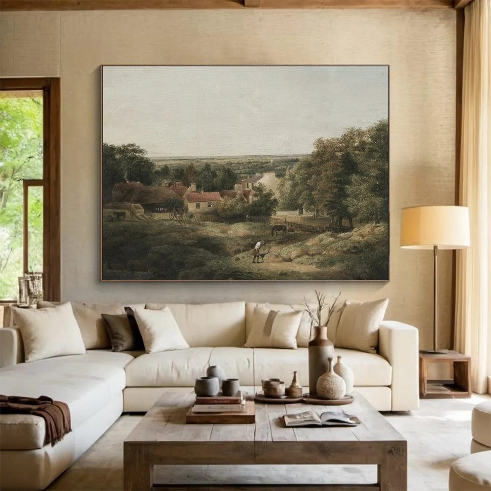 “Rural Idyll in Hues” - Greens, browns, soft tones; detailed pastoral village scene CT1609