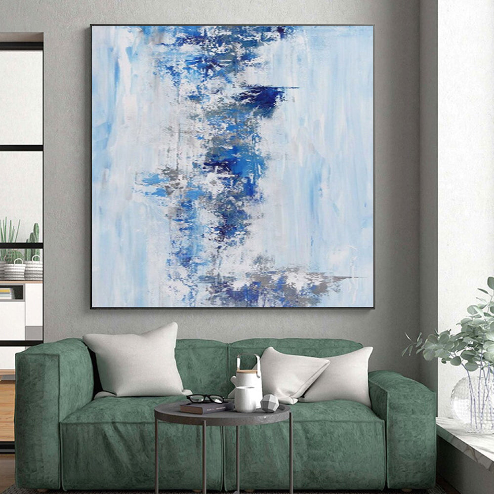 “Blue & Gray Waterfall” - Abstract Painting with Light Blue, Dark Blue, Gray CT0072