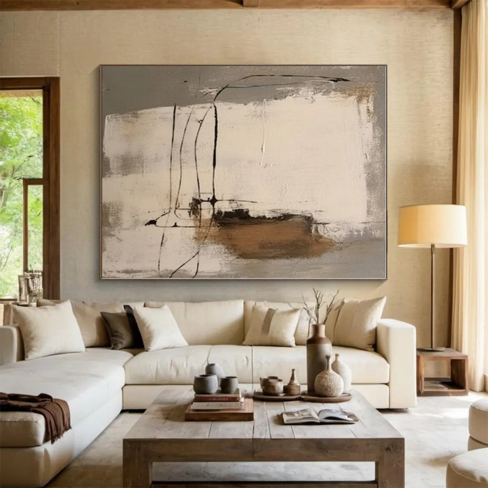“Neutral Tones with Black Lines”,Abstract Line - Driven Oil Painting CT0539