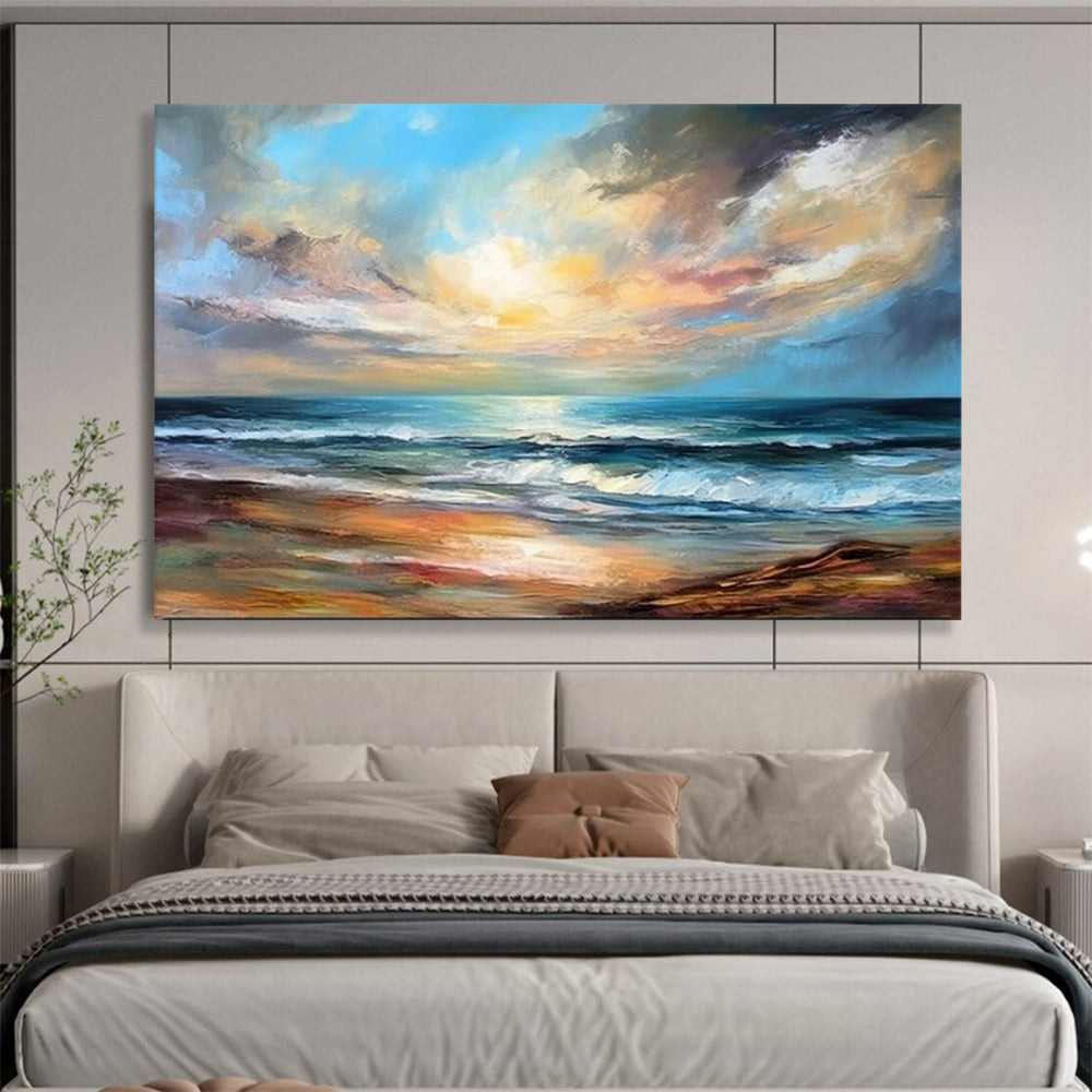 “Realistic Seaside Sunset I” - Blue, orange, yellow, purple; detailed sunset beach scene CT1593