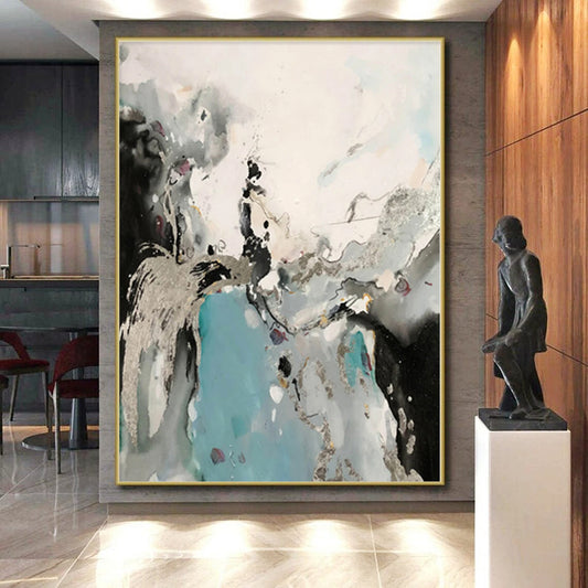 “Black, White, and Blue with Metallic Accents”,Ethereal Abstract Painting CT0365