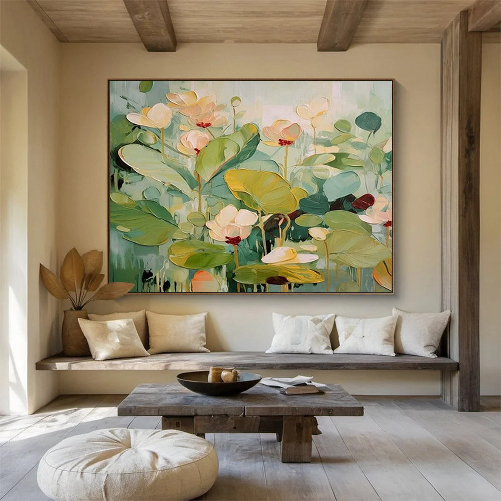 “Lotus Symphony” - Fresh greens, soft pinks, whites; vibrant, layered lotus flowers CT1494