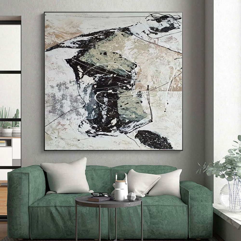 “Black, White, and Beige Abstract Web”,Line - Driven Abstract Painting CT0369