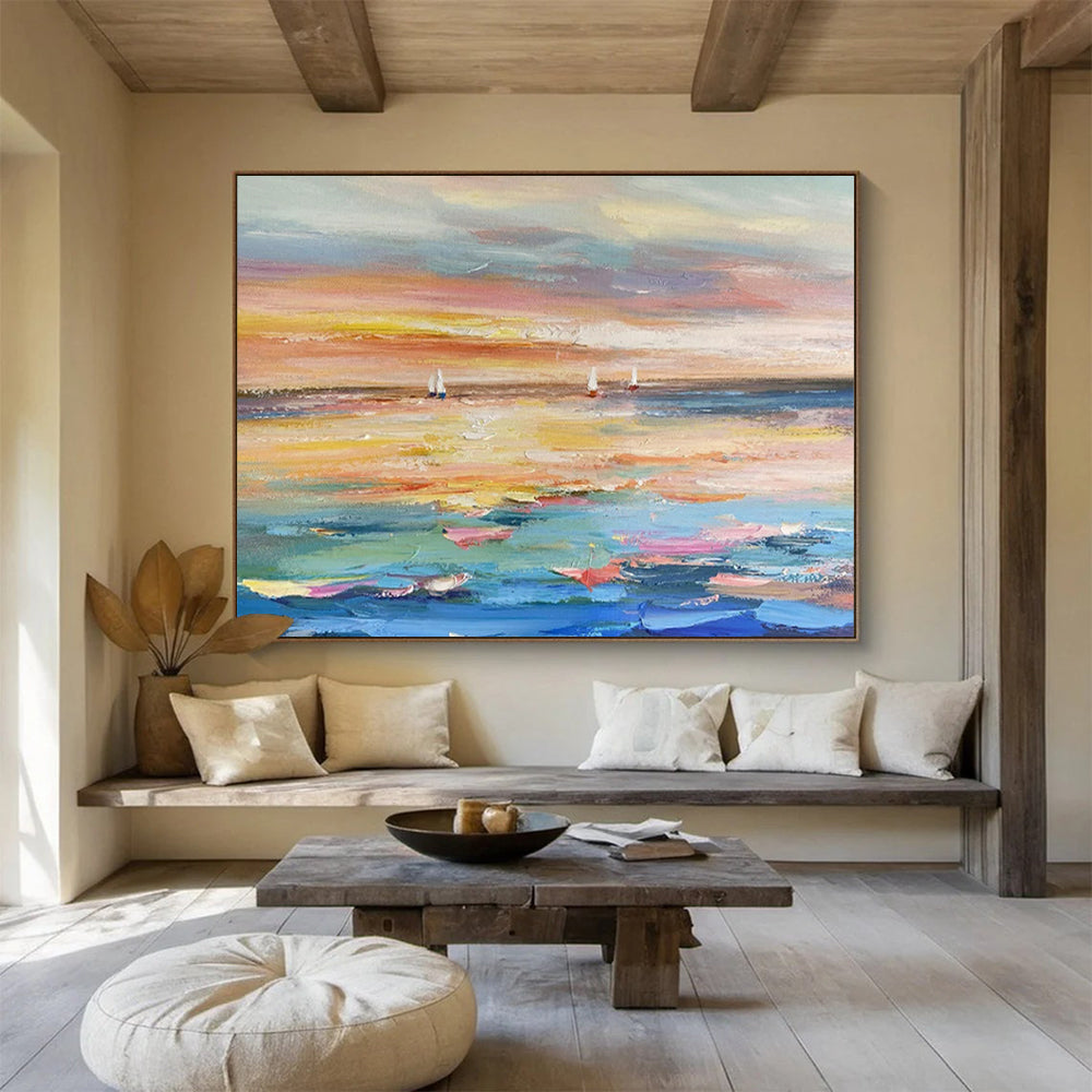 “Sailboats in Sunset Hues” – Impressionistic Seascape Oil Painting CT1745