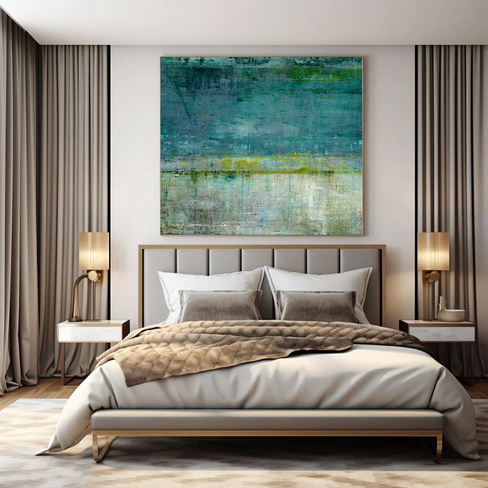 “Teal and Green Textured Layers” Mixed - Media Art CT0182