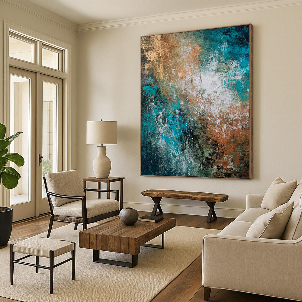 “Teal Copper Cascade” - Abstract Art with Teal, Copper, White Textures CT0019