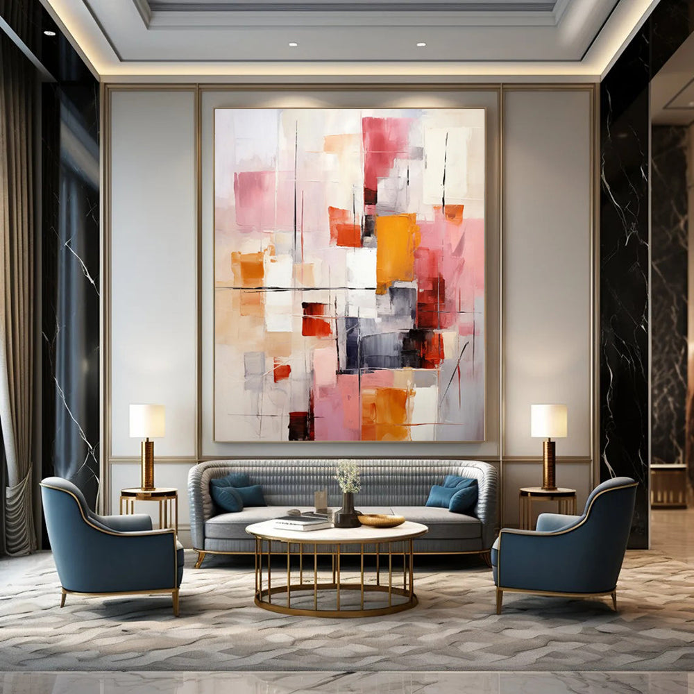“Pink - Orange - Gray Abstract Composition” Modernist Acrylic Art CT0189