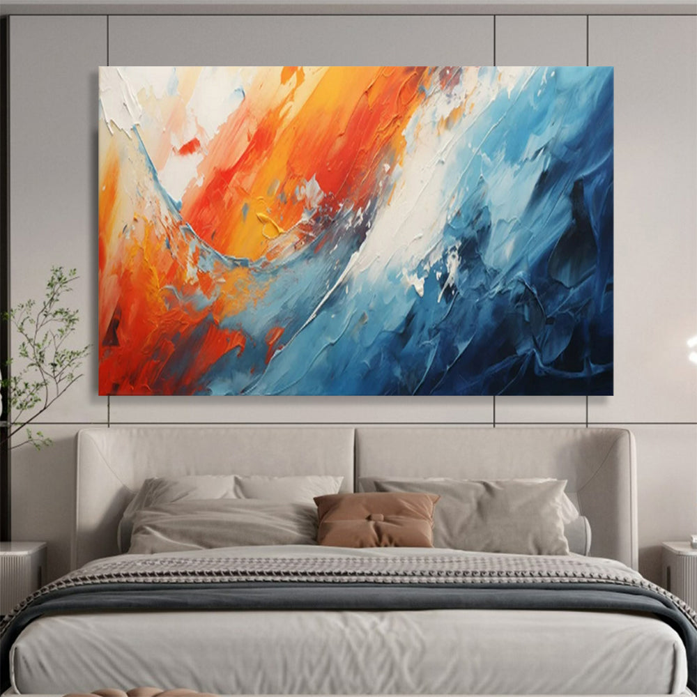 “Fiery Ocean Clash” – Oranges, reds, blues in bold, thick acrylic waves CT1704