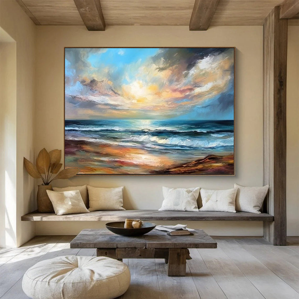 “Realistic Seaside Sunset I” - Blue, orange, yellow, purple; detailed sunset beach scene CT1593