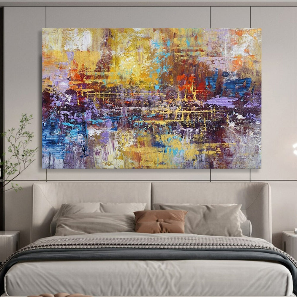 “Golden - Purple Fusion” - Yellows, purples, blues, oranges; layered, chaotic yet harmonious abstract scene CT1516