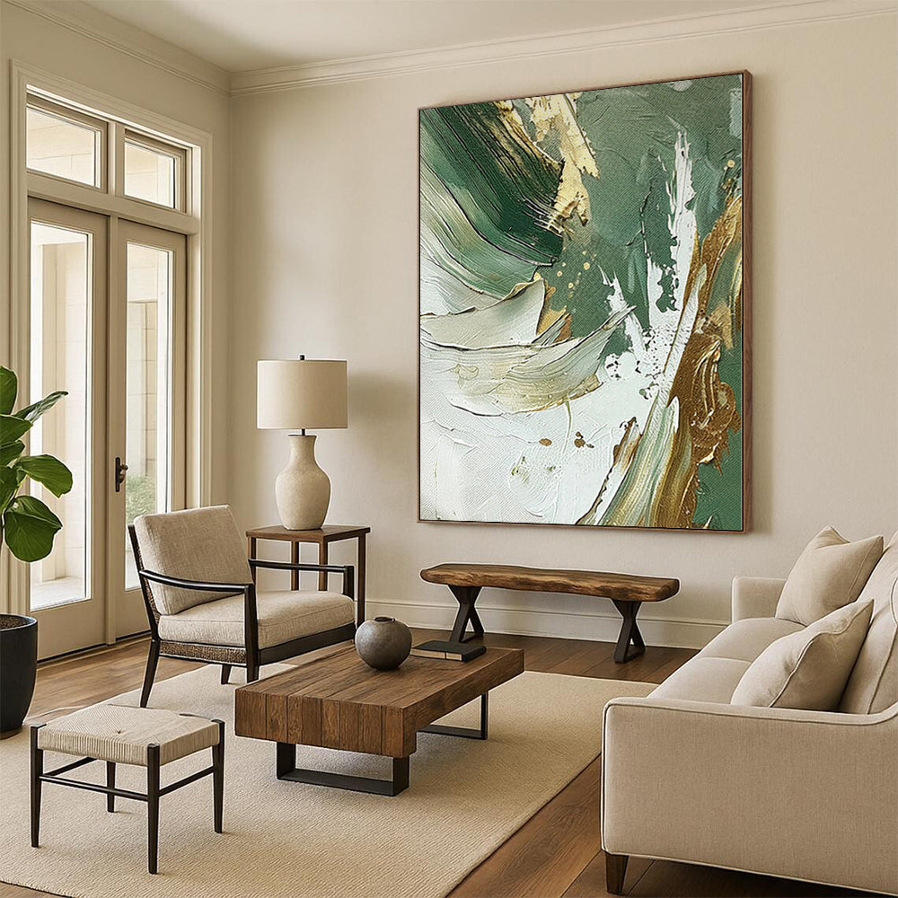 “Emerald & Gold Fusion” - Abstract Art with Green, Gold, White CT0088