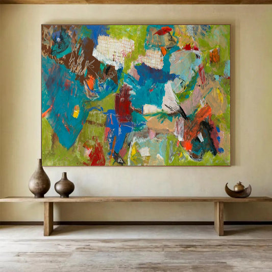 Colorful, dynamic abstract figures on a green backdrop CT1677