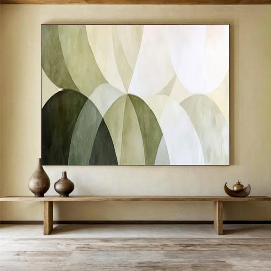 “Green Arc Harmony” – Shades of green, white in overlapping, curved geometric forms CT1700