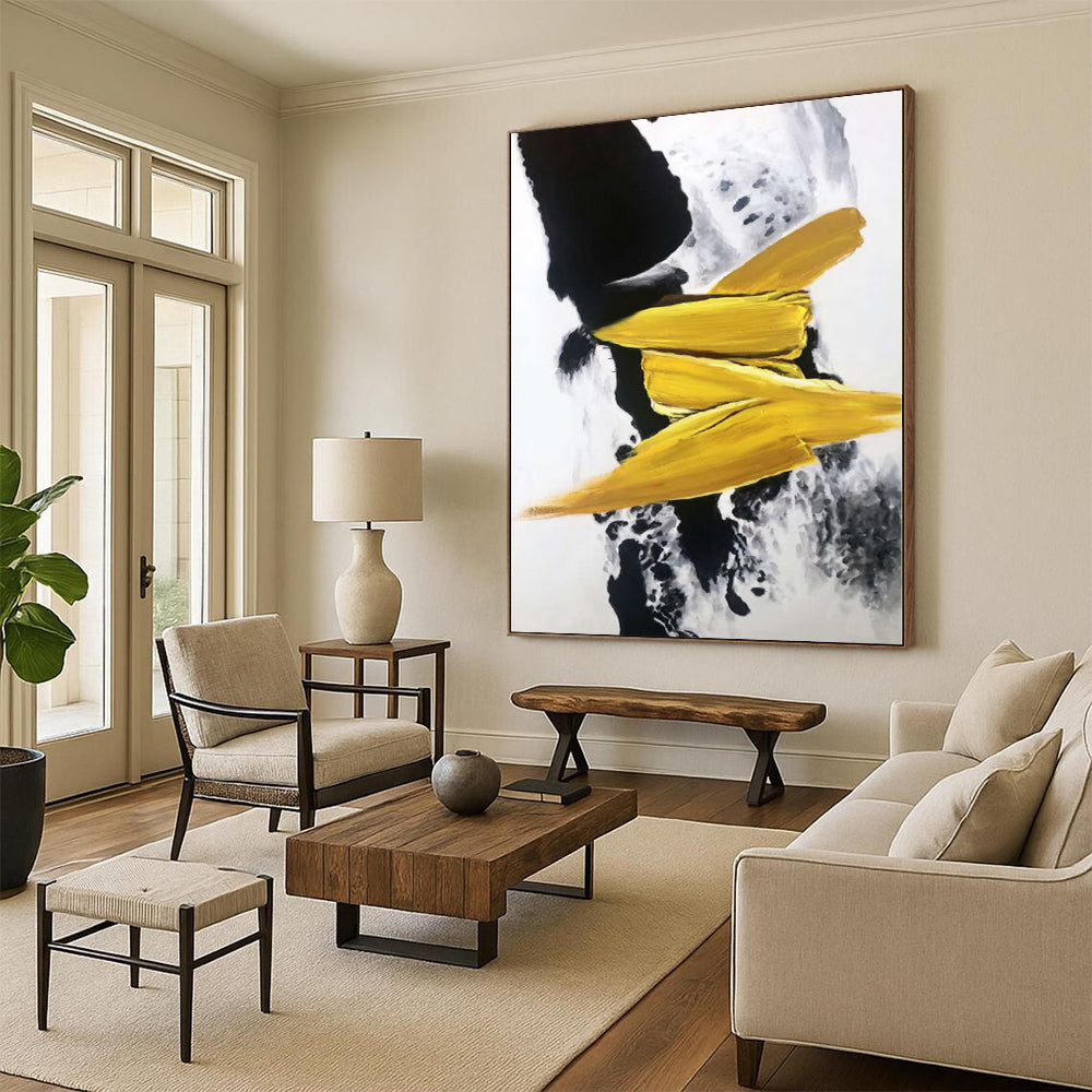 “Bold Black - Yellow Crescents” Abstract Acrylic Art CT0303