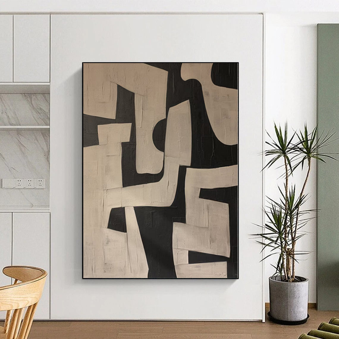 “Geometric Contrast” - Abstract Painting with Black, White Shapes CT0100