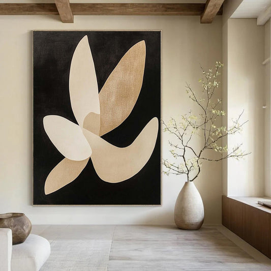“Beige - Black Elegant Petals” Abstract Acrylic Painting CT0138