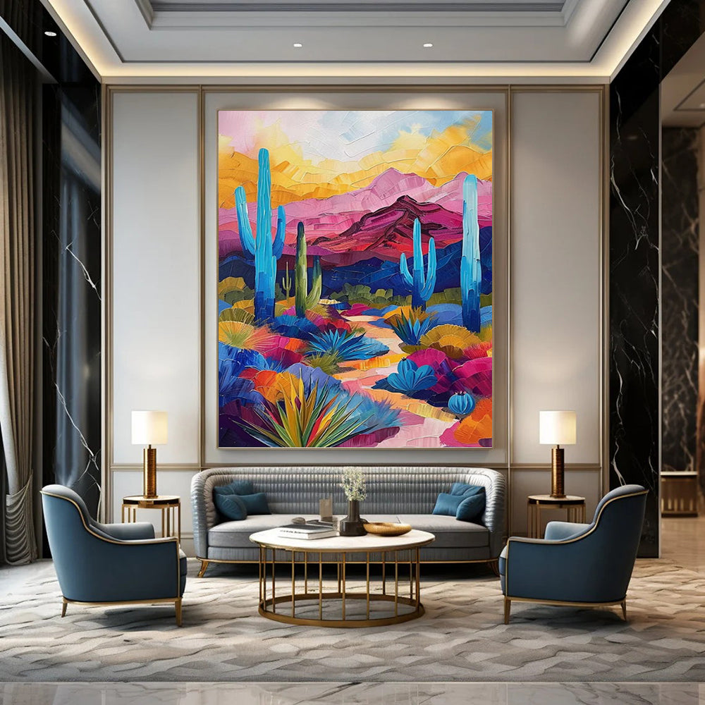 “Desert Vividness” - Colorful Desert Landscape with Cacti Painting On Canvas DKH1556