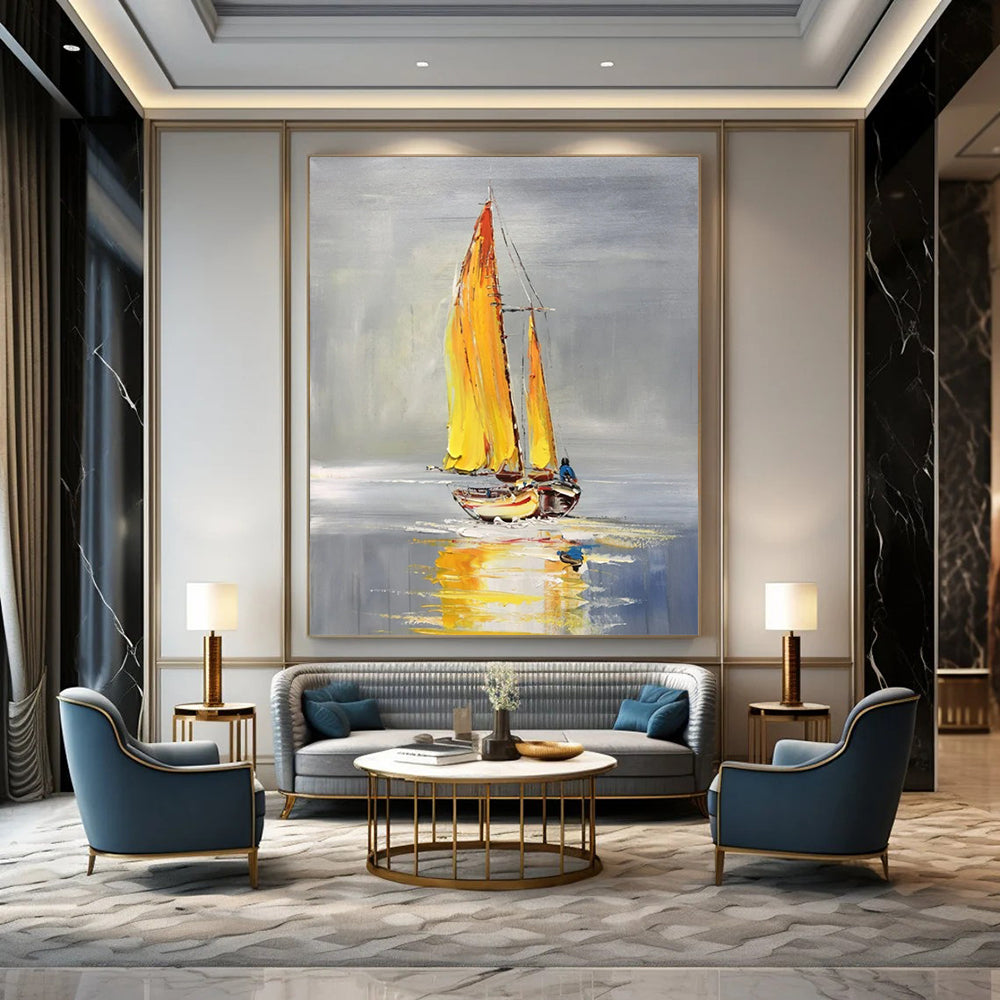 “Yellow - Sailed Boat” - Gray & Yellow Sailboat Painting On Canvas CT2198