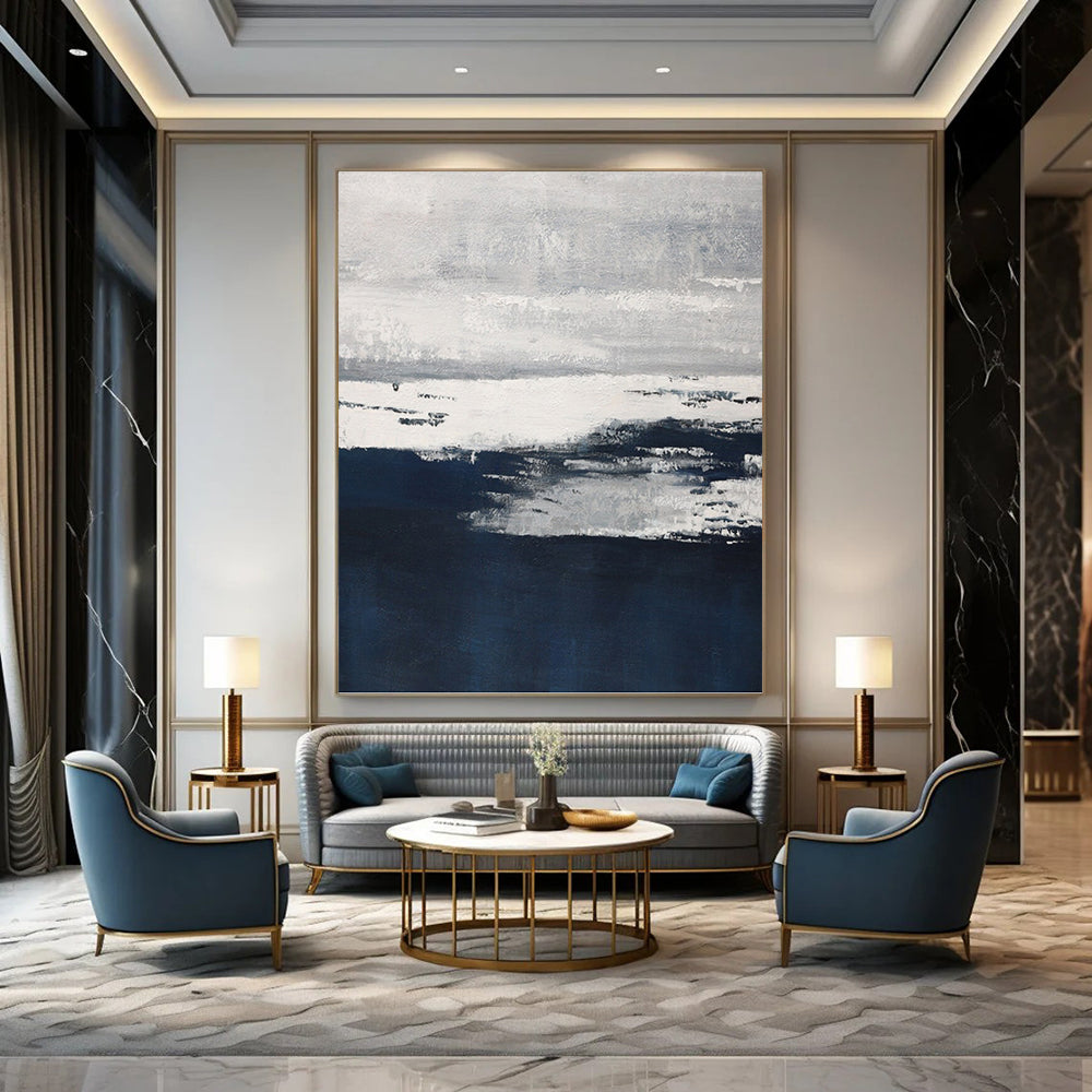 “Moody Horizons” - Gray, White & Navy Abstract Landscape - Inspired Painting On Canvas DKH1540