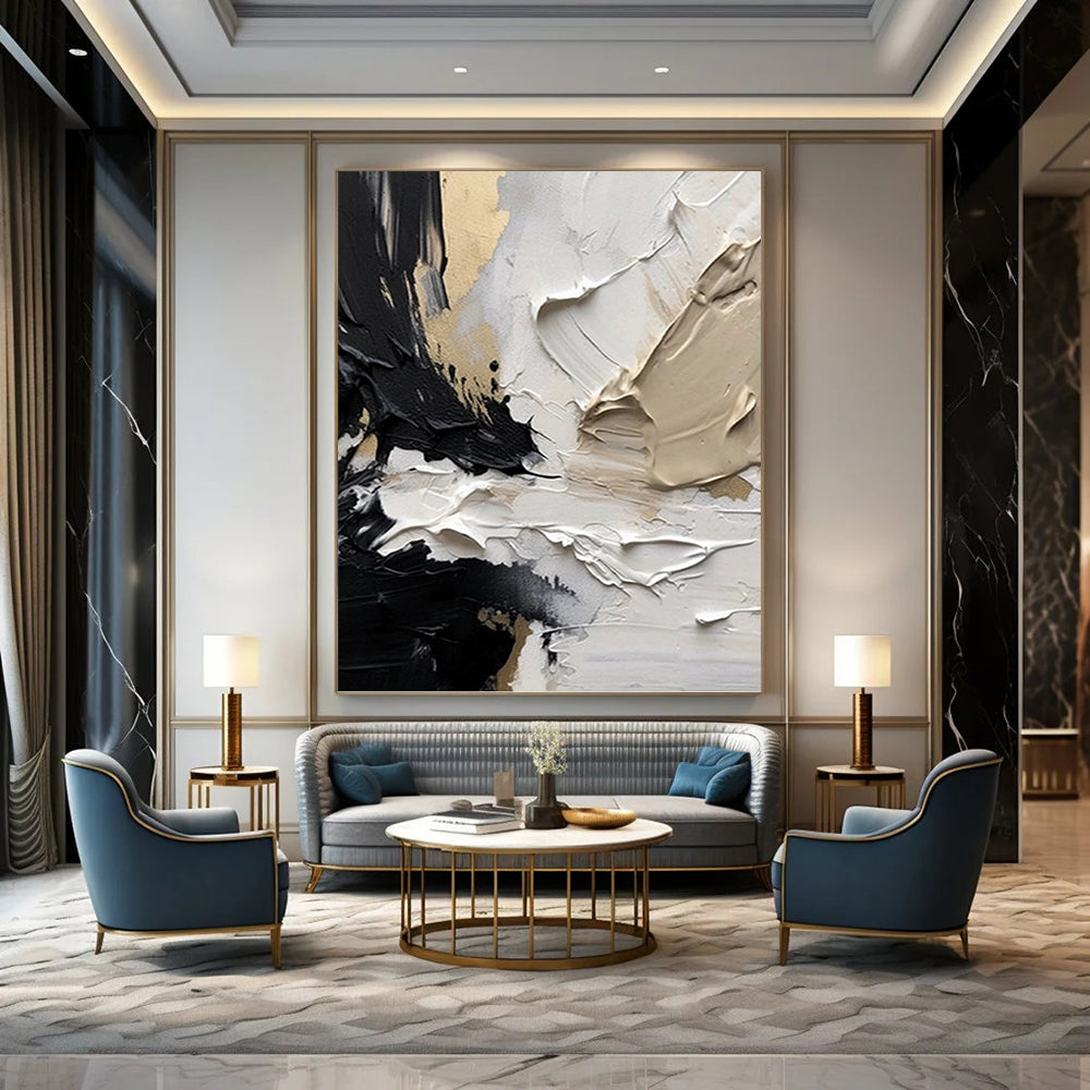 “Black, White & Gold Textured Drama” - Black, White, Gold & Gray Impasto Painting On Canvas DKH1025