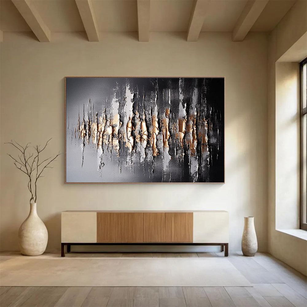 Textured Black and Gold Abstract - Vertical Strokes and Metallic Accents Painting On Canvas DKH041