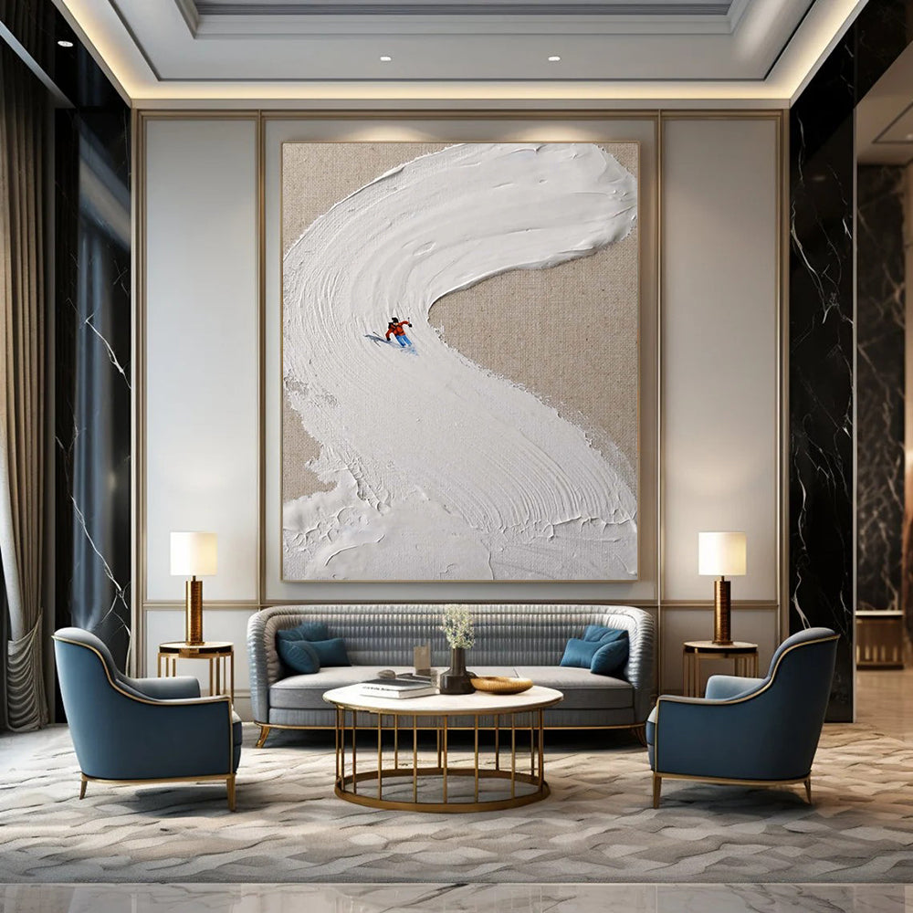 “White, Red, Blue Skiing Scene ‘Snowy Trail’” - Impasto Ski Landscape Painting On Canvas DTP311