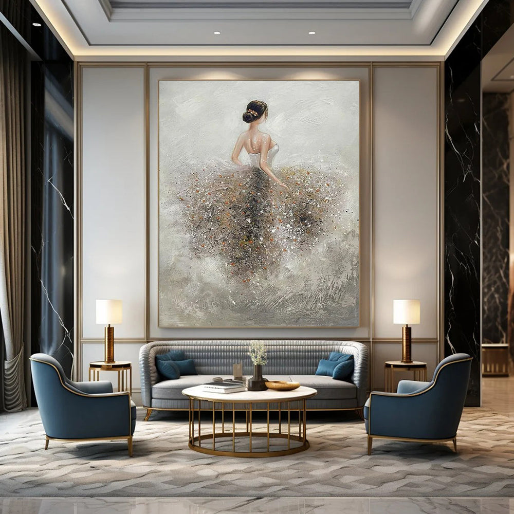 “Ballerina in Sparkling Skirt” - Gray & White Figurative Painting On Canvas CT2208