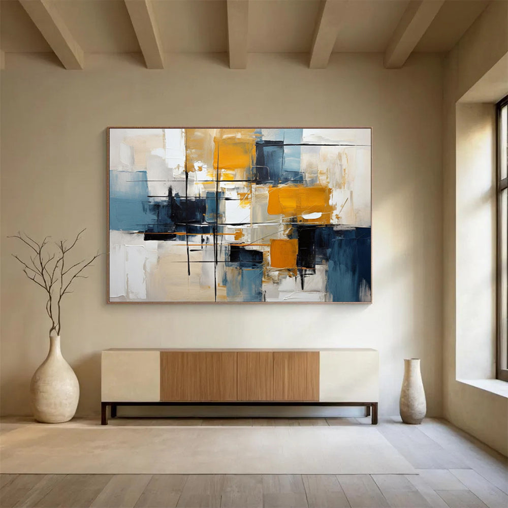 Abstract Geometric Blocks in Yellow and Blue Painting On Canvas DKH183