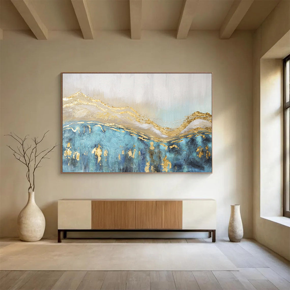 “Gilded Waves of Blue” - Blue, Gold, White Textured Abstract Painting On Canvas DKH733