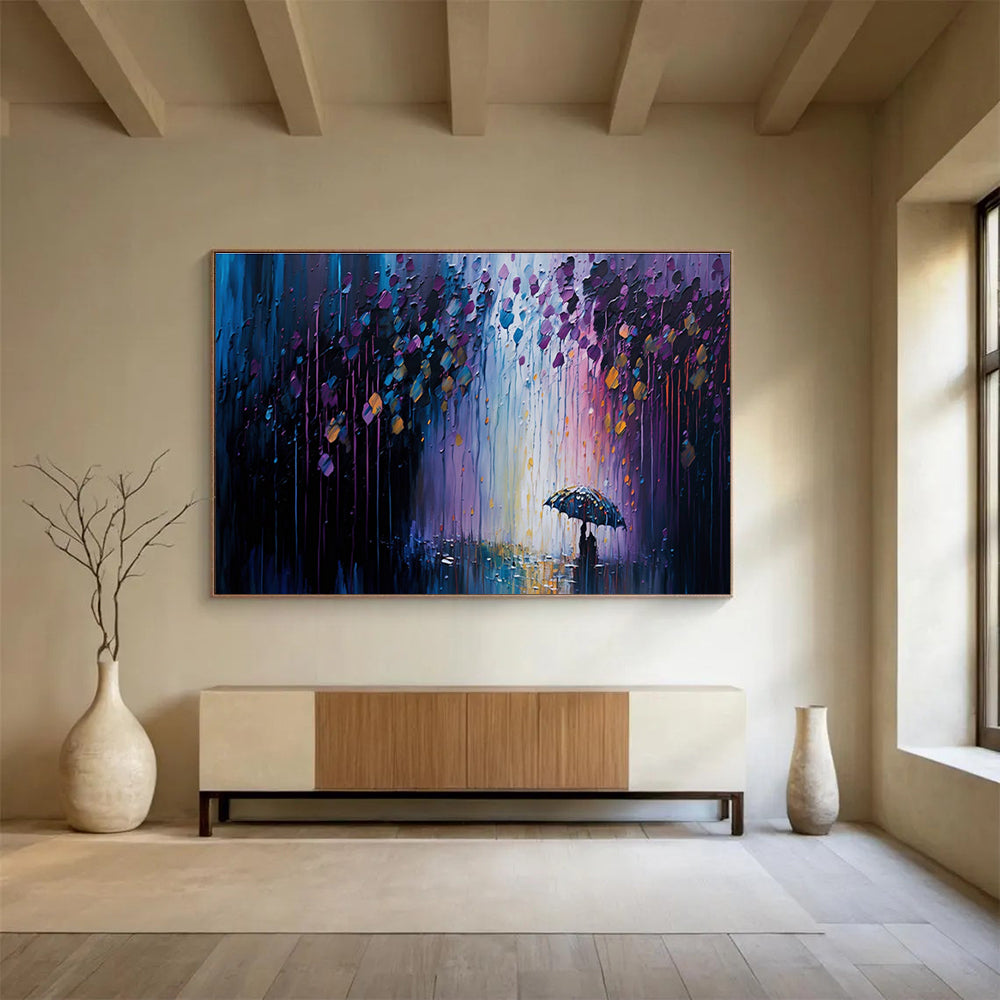 Rainy Night Stroll - Purple & Blue Impressionistic Cityscape Painting On Canvas DKH876