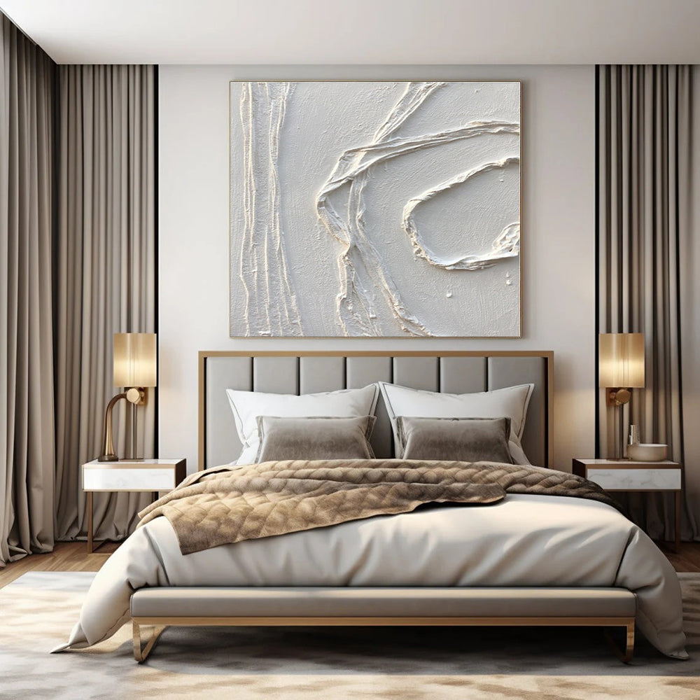 White Textured Curved Abstraction - Minimalist Textured Acrylic On Canvas CT1348