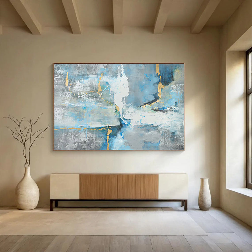 “Blue & Gold Abstract Flow” - Blue, Gray, Gold Abstract Expressionist Painting On Canvas DKH756