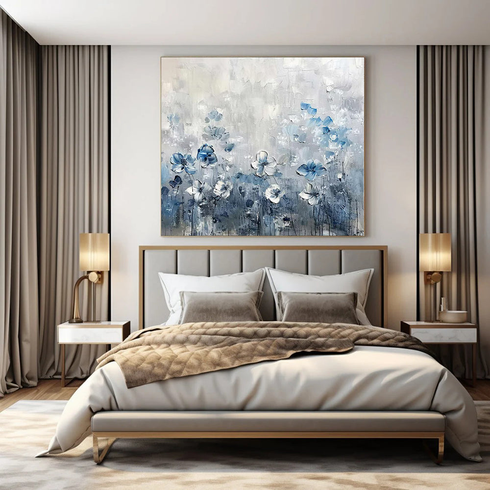 “Textured Blue - White Floral Field” – Impasto Floral Painting CT1086